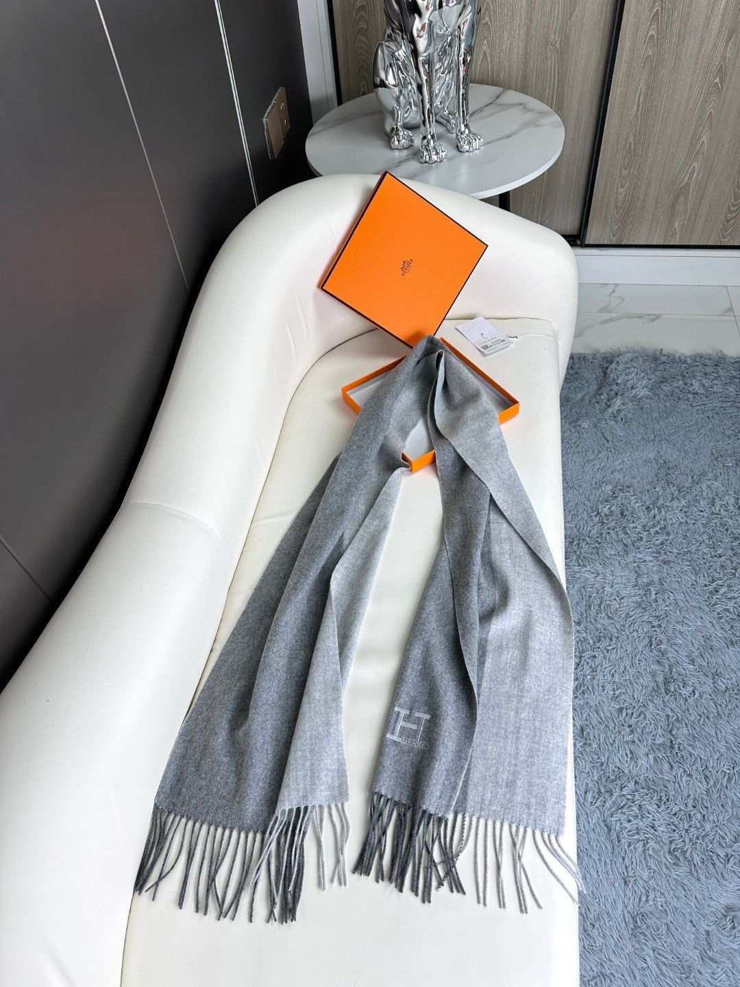 HERMES SCARF 190 CM IN DOVE GRAY CASERE 364768