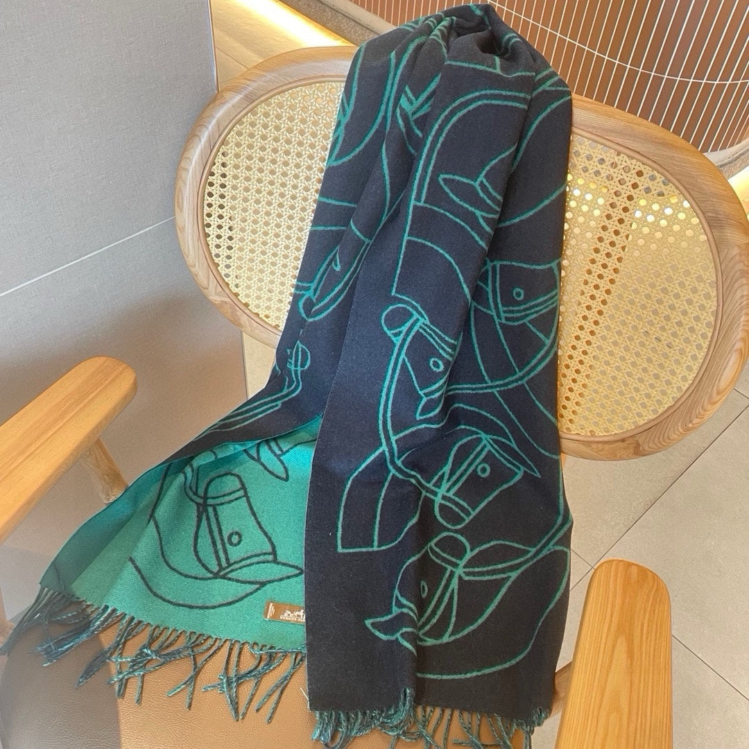 HERMES CASAQUE ENTRELACS EQUESTRES 190 CM SCARF IN PERSLAN GREEN CASERE