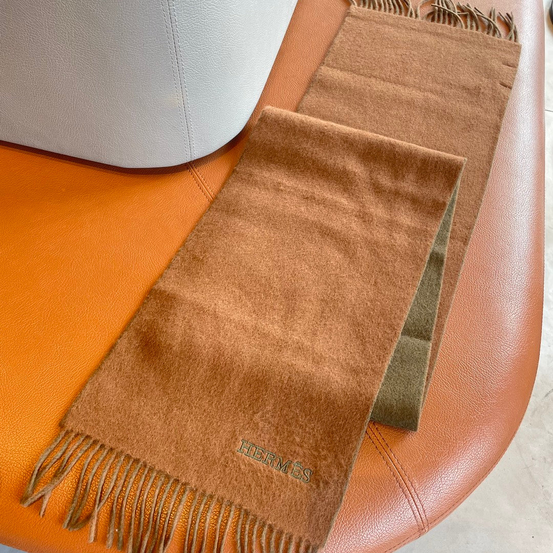 HERMES DOUBLE-FACE STOLE SCARF IN BURNT ORANGE MIX OLIVE GREEN CASERE 394462