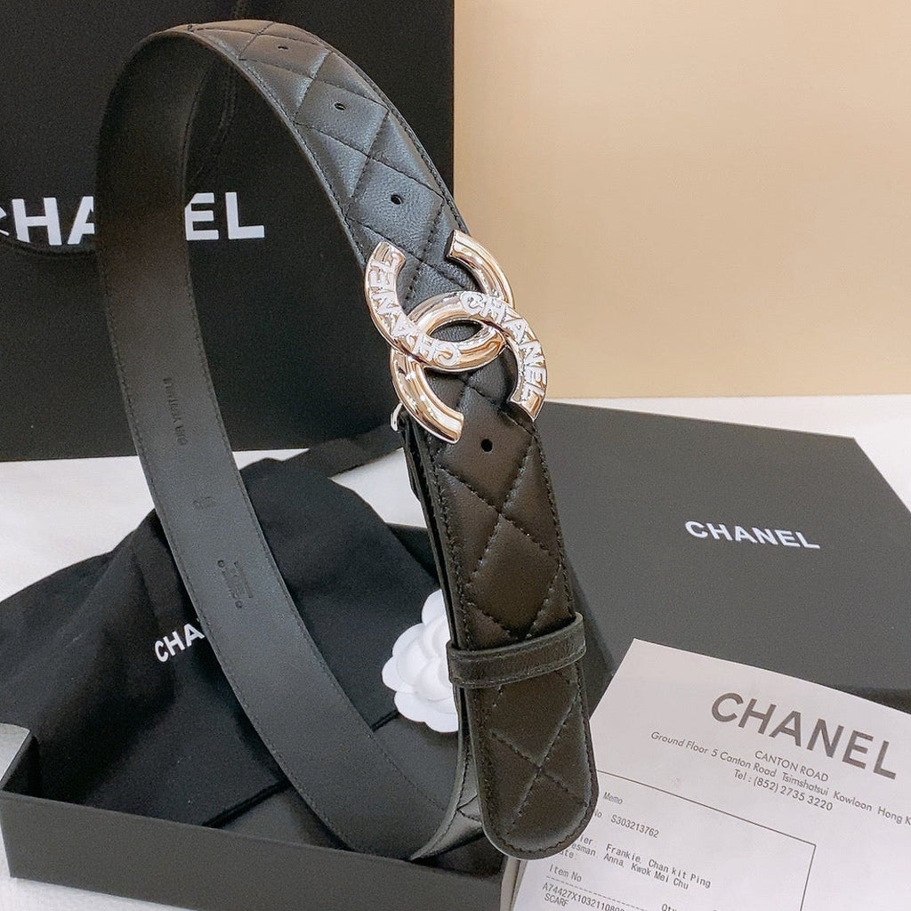 CHANEL DOUBLE C BELT 40MM IN BLACK QUILTED LAMBSKIN SILVER RESIN BUCKLE